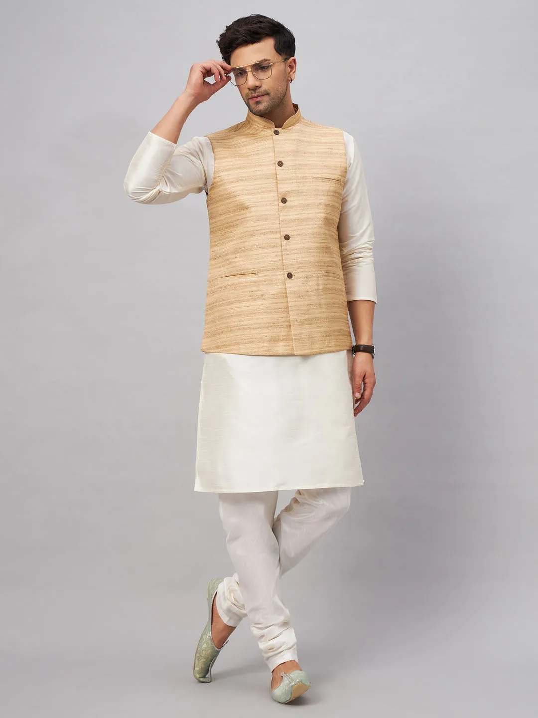 Jashvi Men's Beige Matka Silk Nehru Jacket With Cream Silk Blend Kurta Pyjama Set