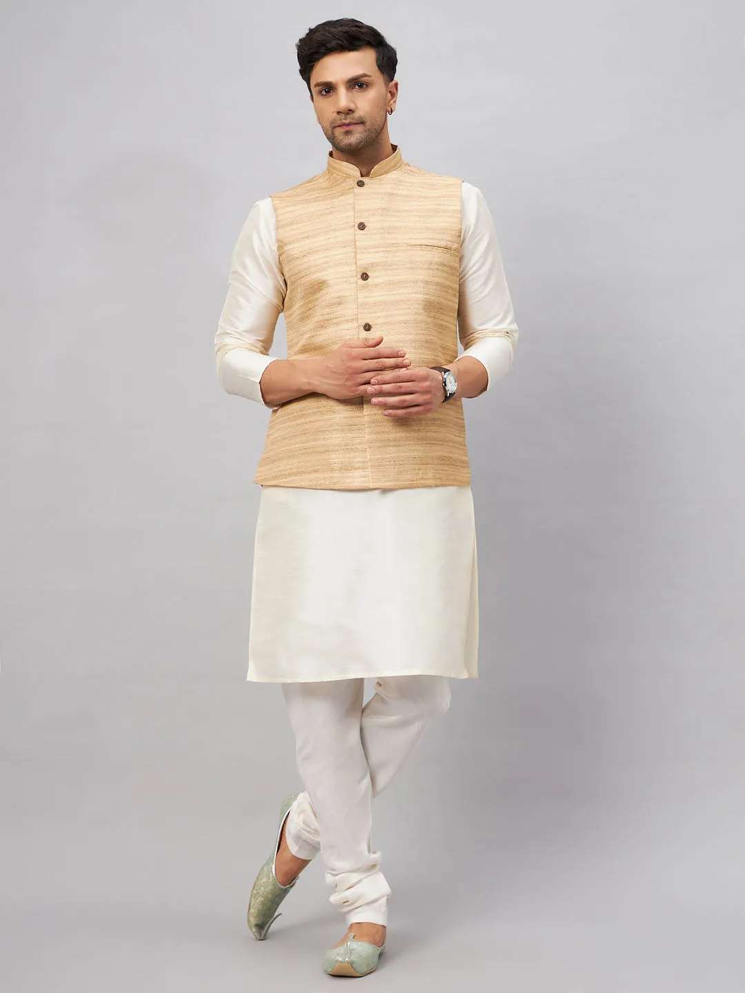 Jashvi Men's Beige Matka Silk Nehru Jacket With Cream Silk Blend Kurta Pyjama Set