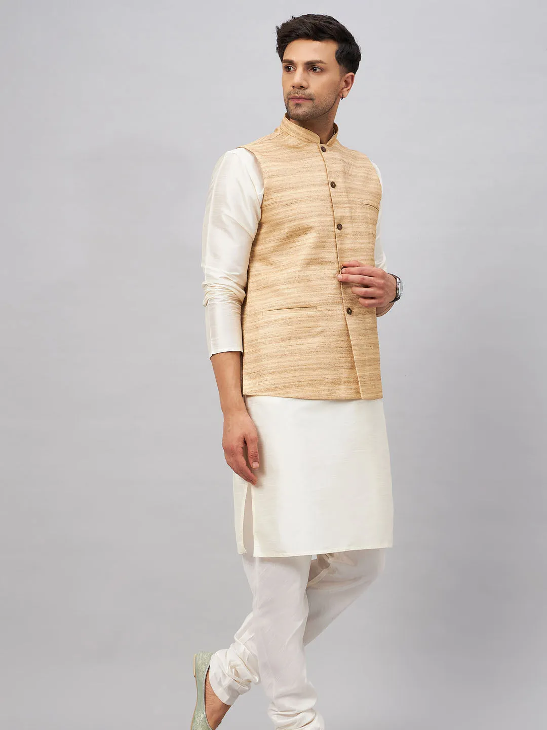 Jashvi Men's Beige Matka Silk Nehru Jacket With Cream Silk Blend Kurta Pyjama Set