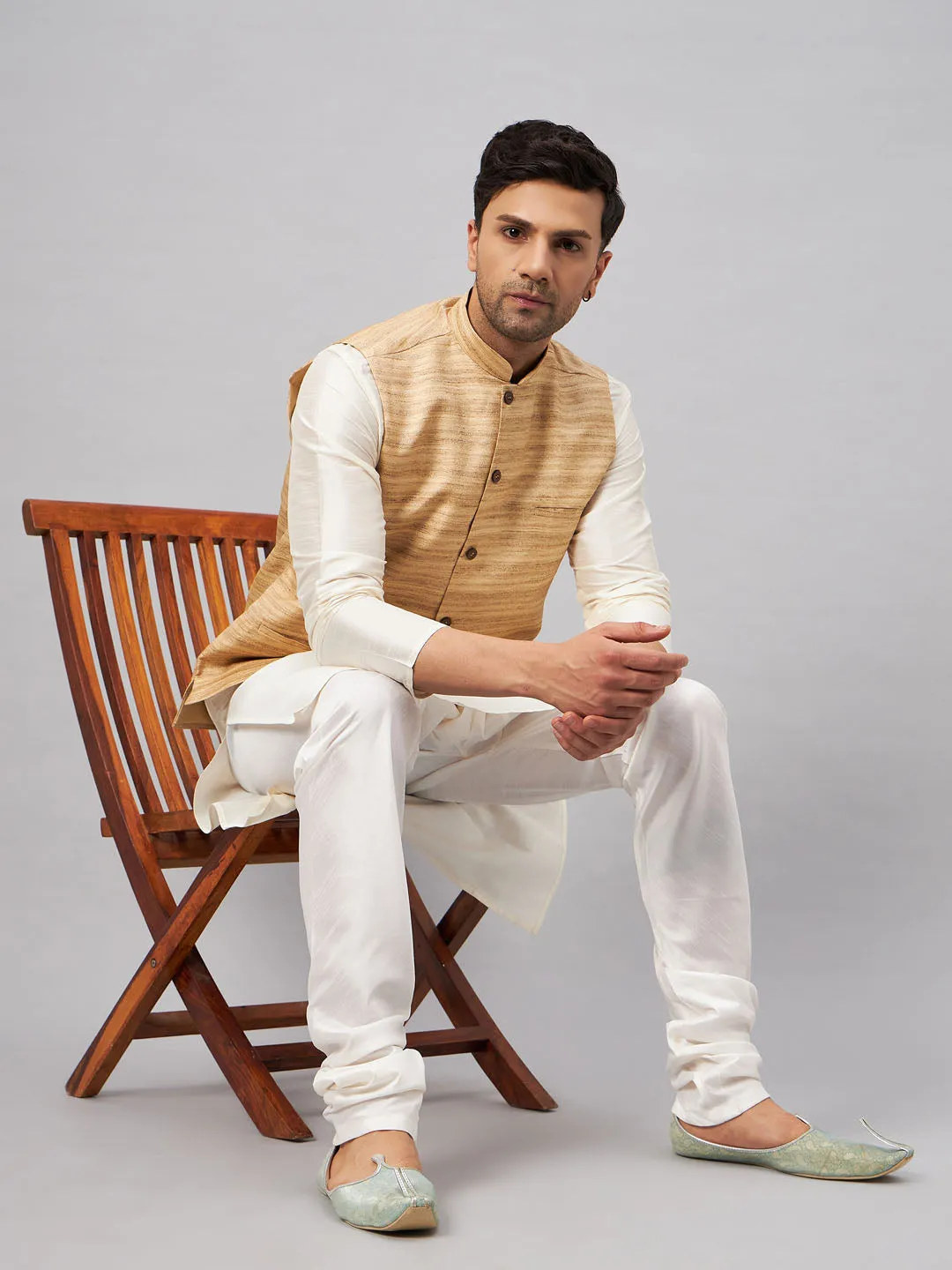 Jashvi Men's Beige Matka Silk Nehru Jacket With Cream Silk Blend Kurta Pyjama Set