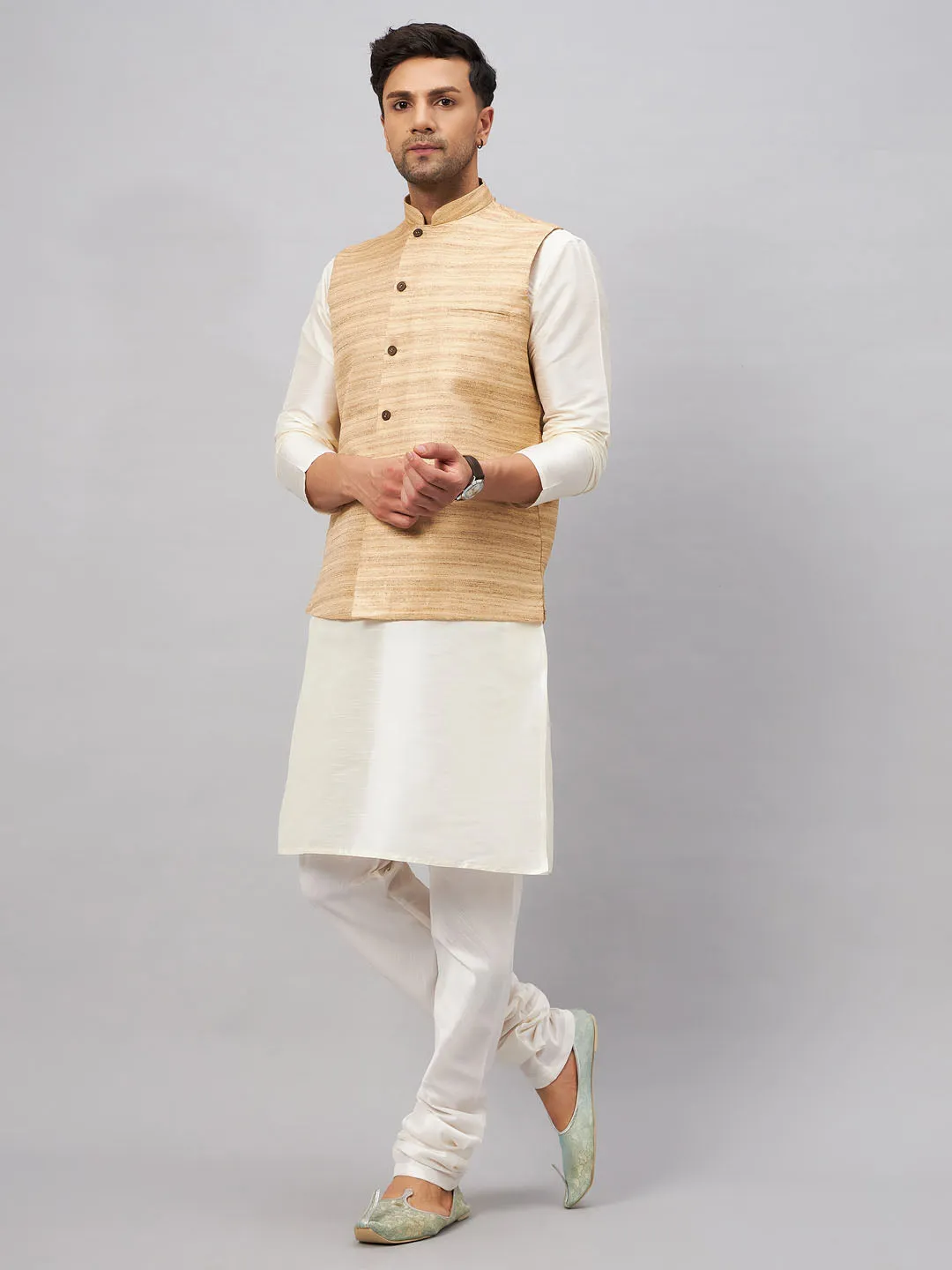 Jashvi Men's Beige Matka Silk Nehru Jacket With Cream Silk Blend Kurta Pyjama Set