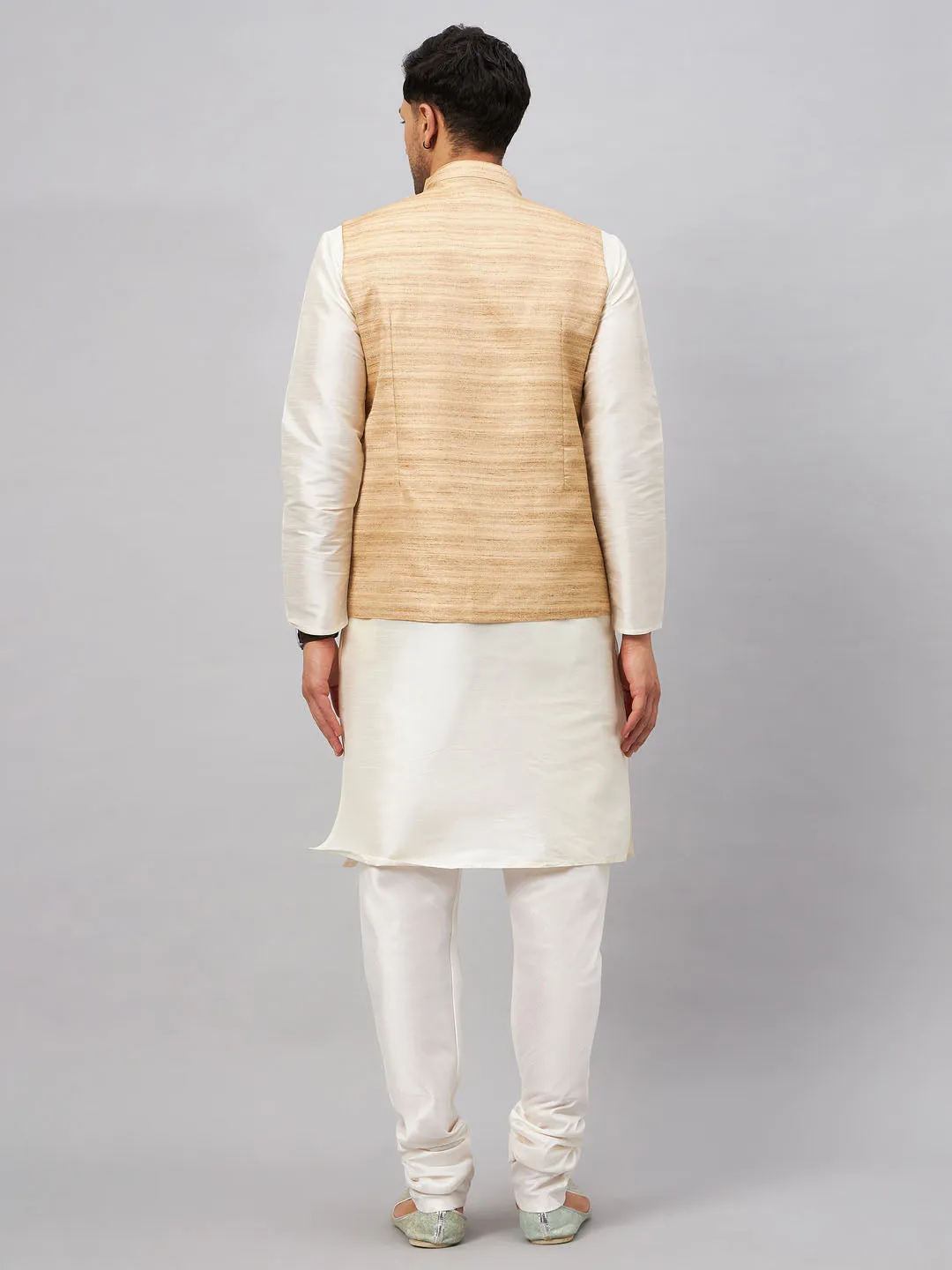 Jashvi Men's Beige Matka Silk Nehru Jacket With Cream Silk Blend Kurta Pyjama Set