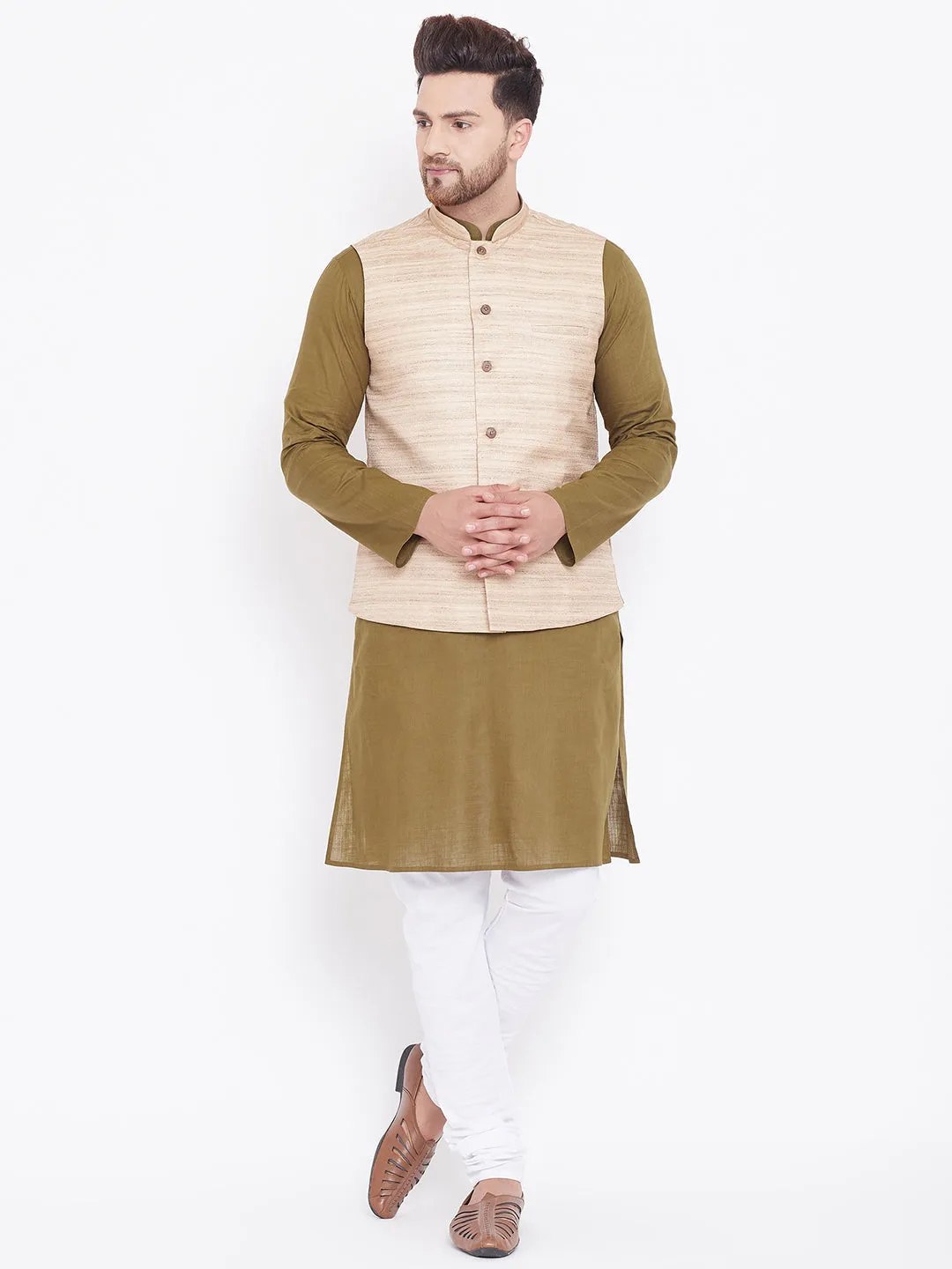 Jashvi Men's Beige, Mehendi Green And White Cotton Blend Jacket, Kurta and Pyjama Set