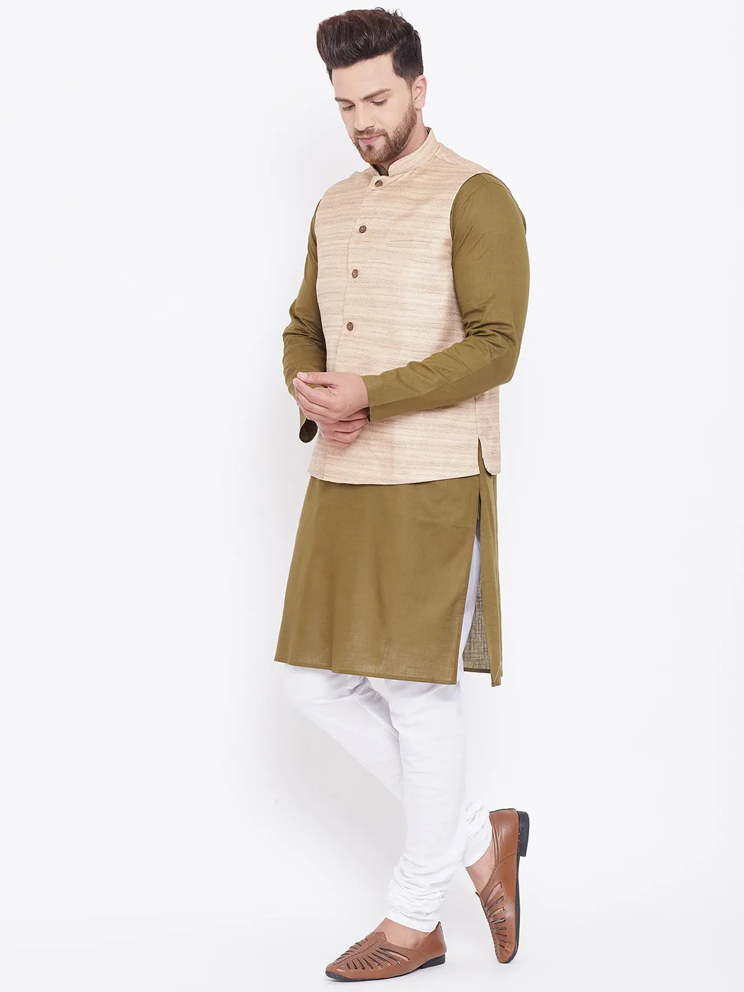 Jashvi Men's Beige, Mehendi Green And White Cotton Blend Jacket, Kurta and Pyjama Set