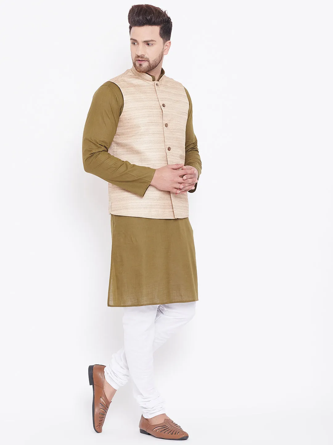 Jashvi Men's Beige, Mehendi Green And White Cotton Blend Jacket, Kurta and Pyjama Set