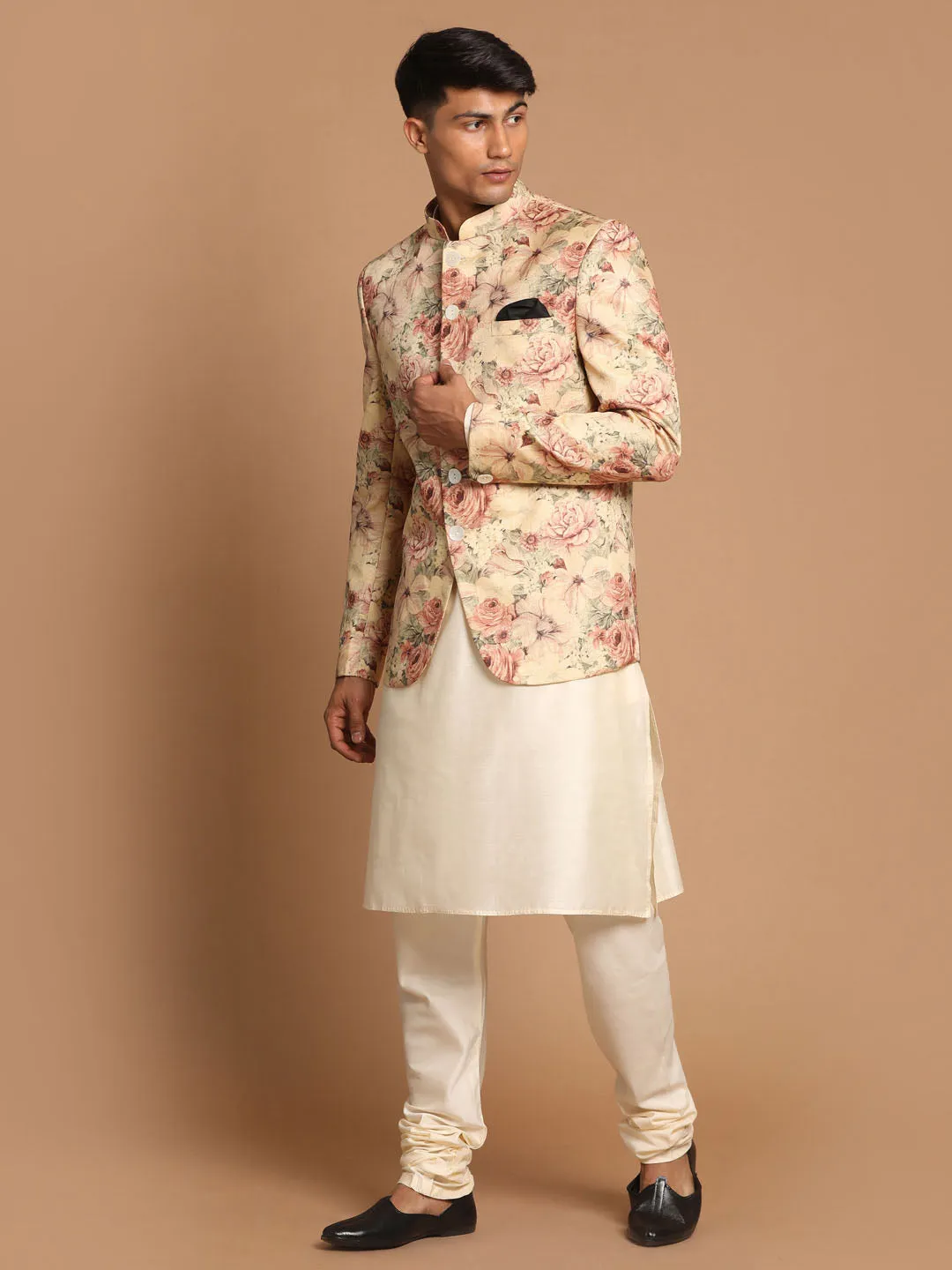 Jashvi Men's Beige Printed Jodhpuri And Cream Kurta Pyjama Set