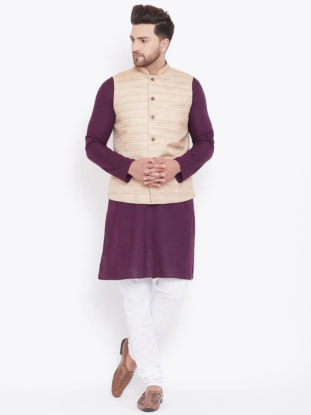 Jashvi Men's Beige, Purple And White Cotton Blend Jacket, Kurta and Pyjama Set