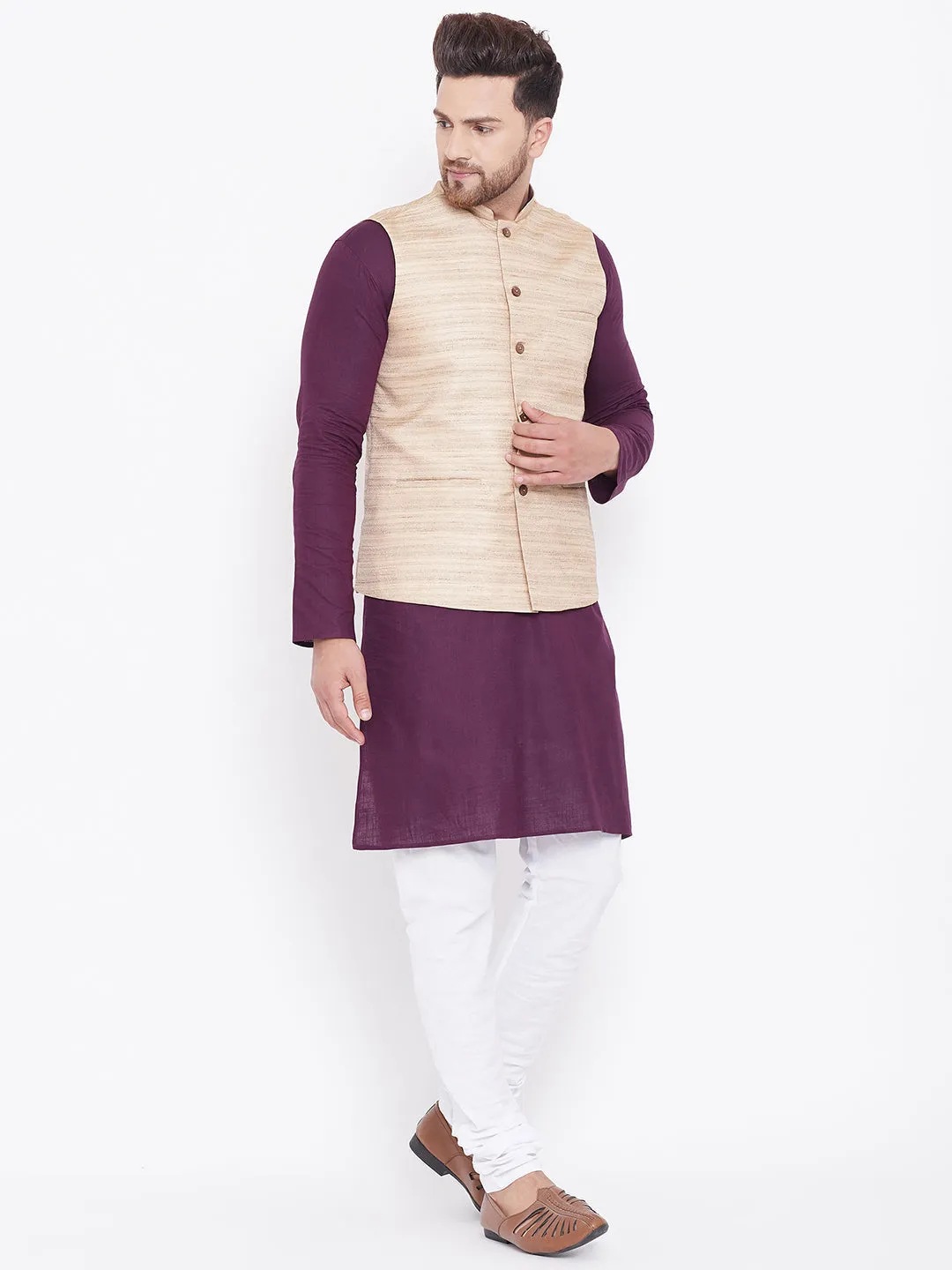 Jashvi Men's Beige, Purple And White Cotton Blend Jacket, Kurta and Pyjama Set