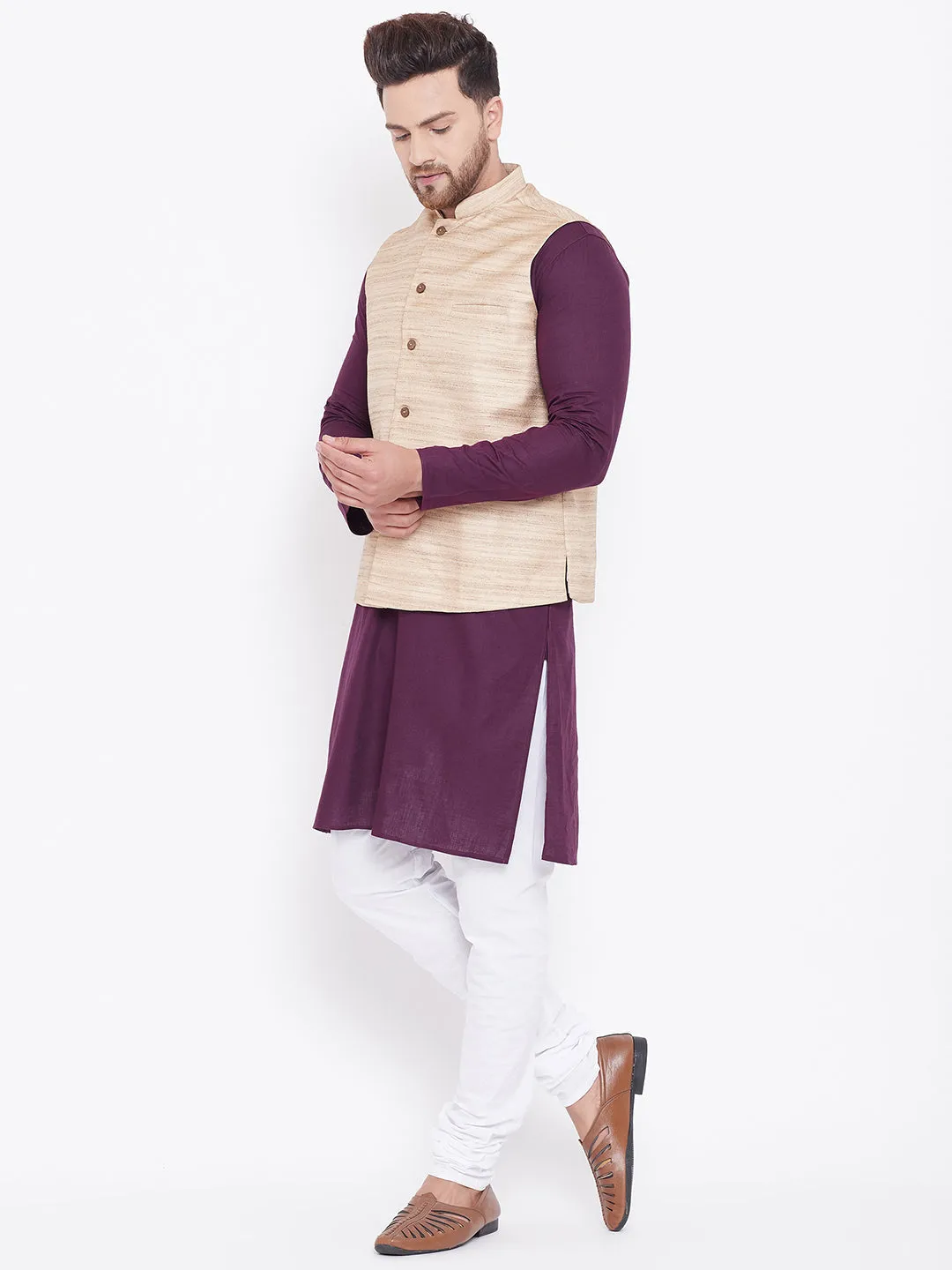 Jashvi Men's Beige, Purple And White Cotton Blend Jacket, Kurta and Pyjama Set