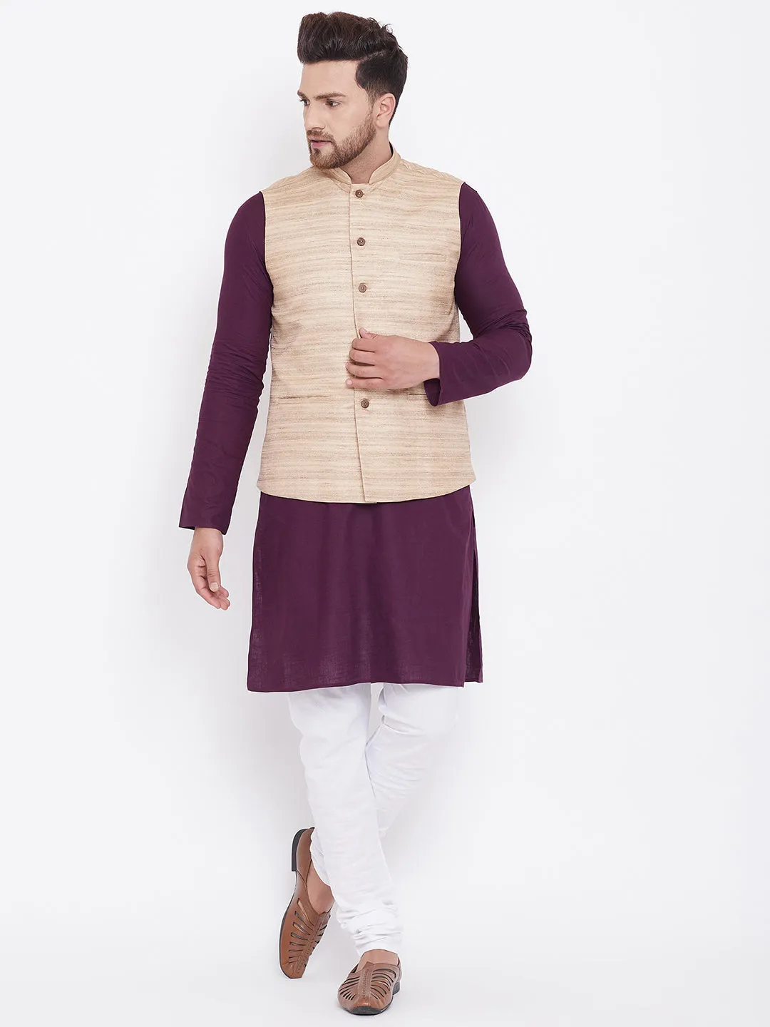 Jashvi Men's Beige, Purple And White Cotton Blend Jacket, Kurta and Pyjama Set