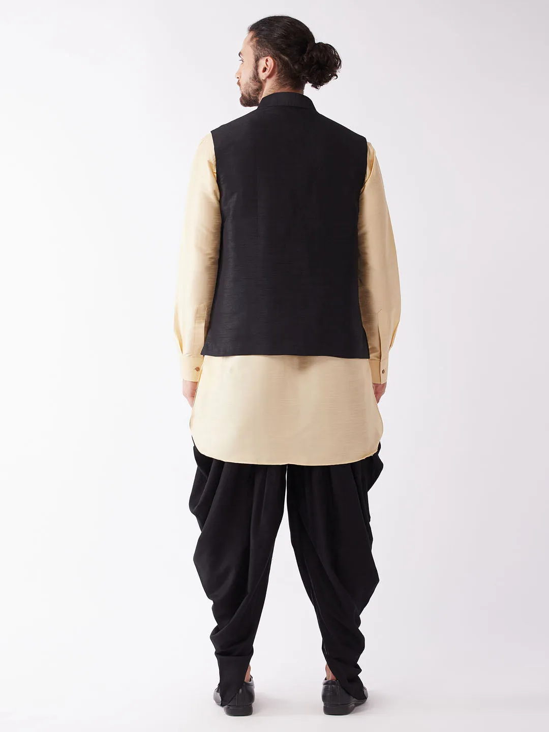 Jashvi Men's Black And Gold Silk Blend Ethnic Jacket, Kurta and Dhoti Set