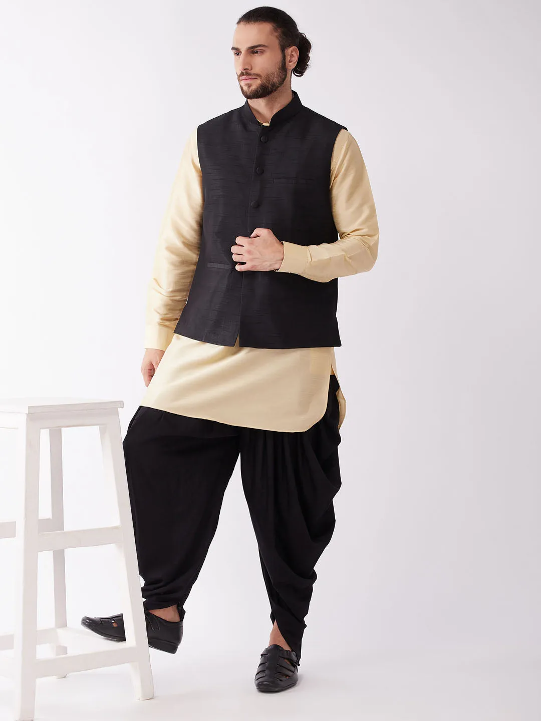 Jashvi Men's Black And Gold Silk Blend Ethnic Jacket, Kurta and Dhoti Set