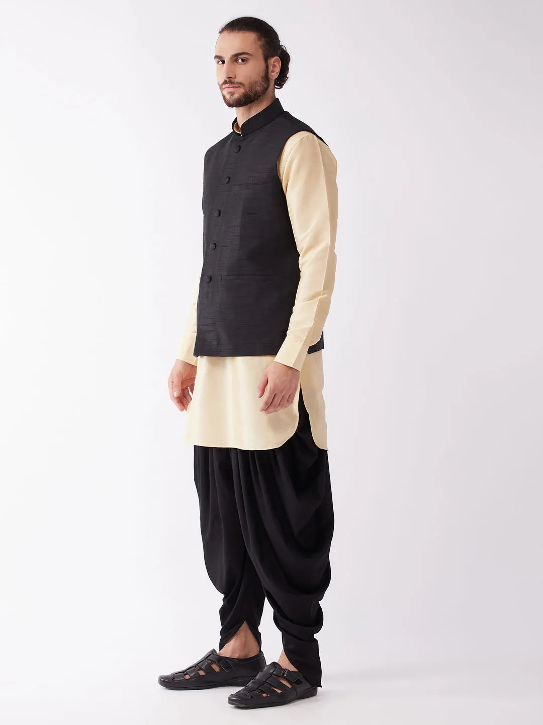 Jashvi Men's Black And Gold Silk Blend Ethnic Jacket, Kurta and Dhoti Set