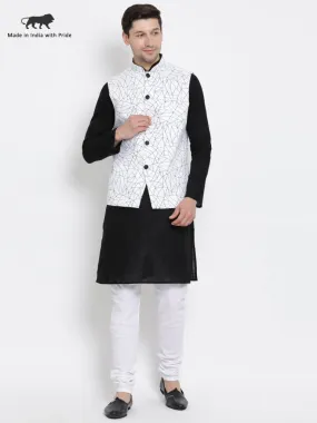 Jashvi Men's Black Cotton Blend Kurta, Ethnic Jacket and Pyjama Set