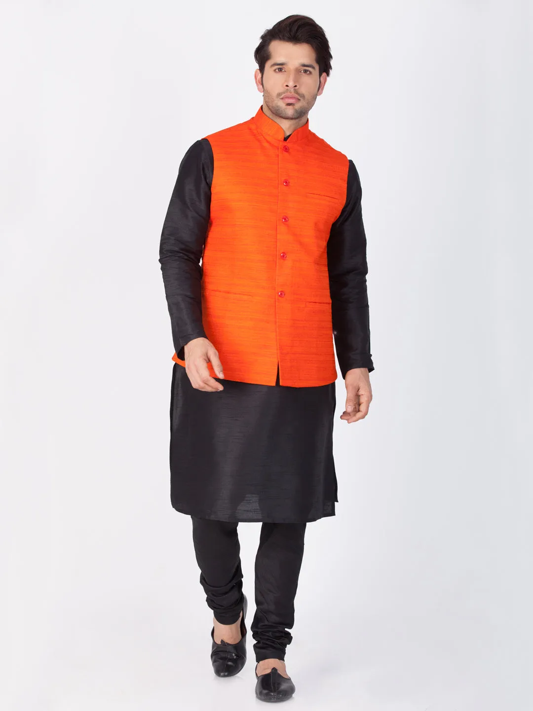 Jashvi Men's Black Cotton Silk Blend Kurta, Ethnic Jacket and Pyjama Set