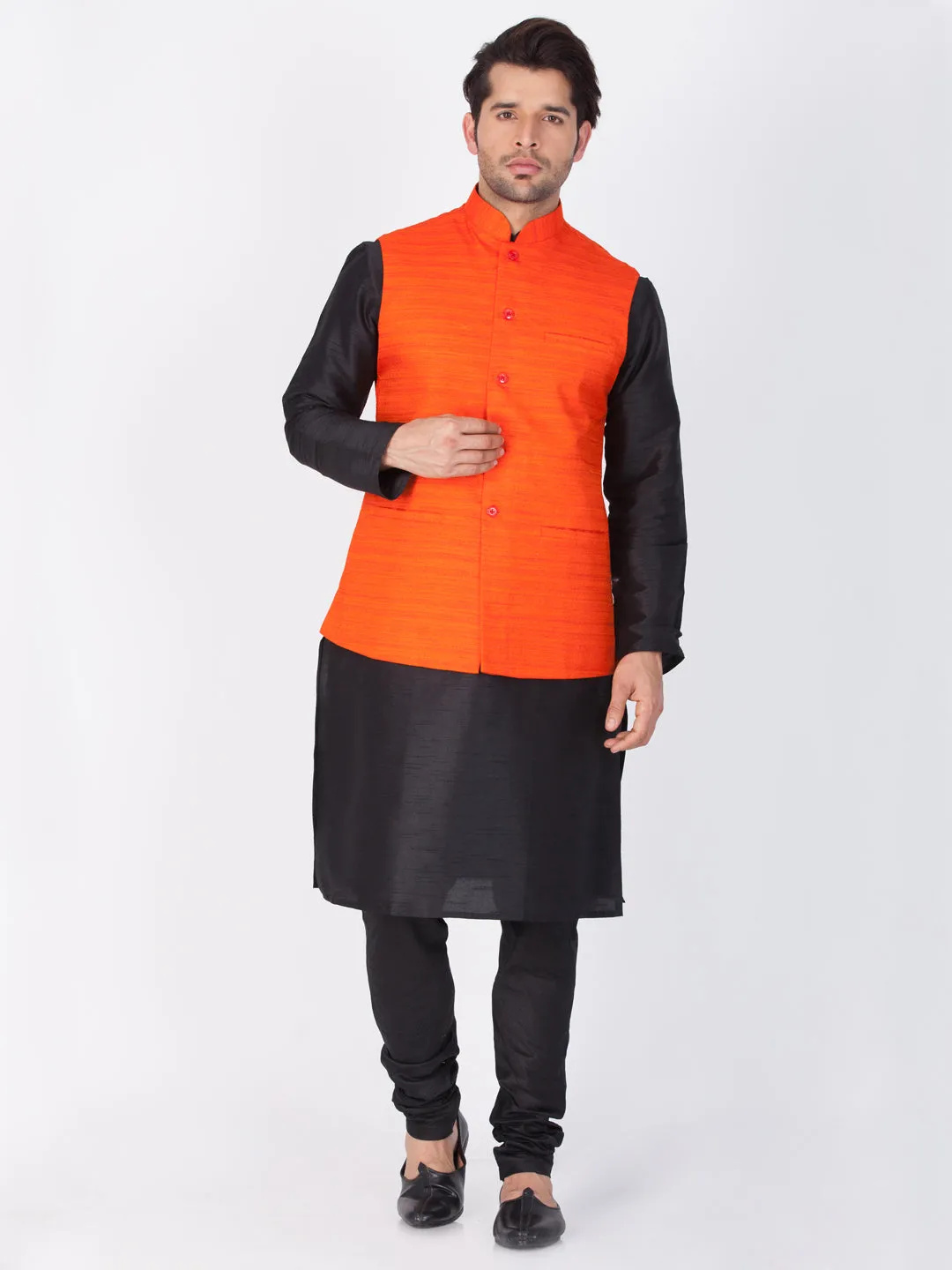 Jashvi Men's Black Cotton Silk Blend Kurta, Ethnic Jacket and Pyjama Set