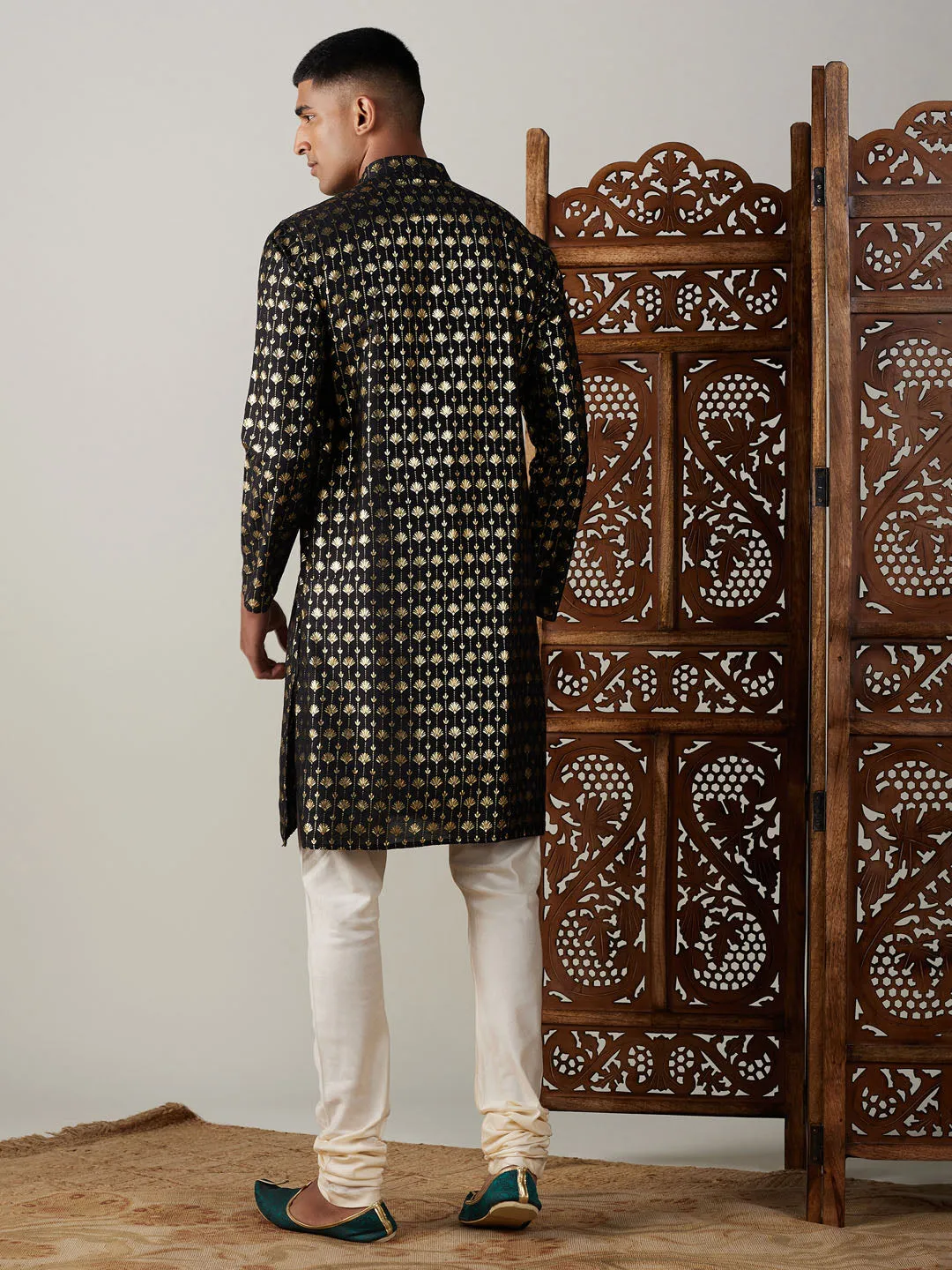 Jashvi Men's Black Foil Printed Kurta With Cream Pyjama Set