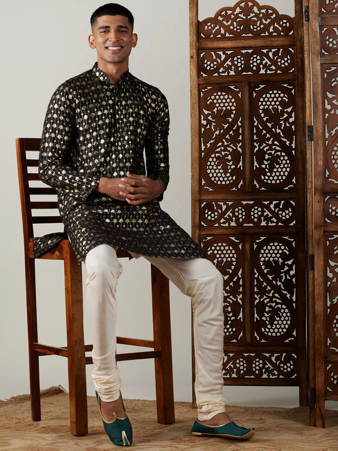 Jashvi Men's Black Foil Printed Kurta With Cream Pyjama Set