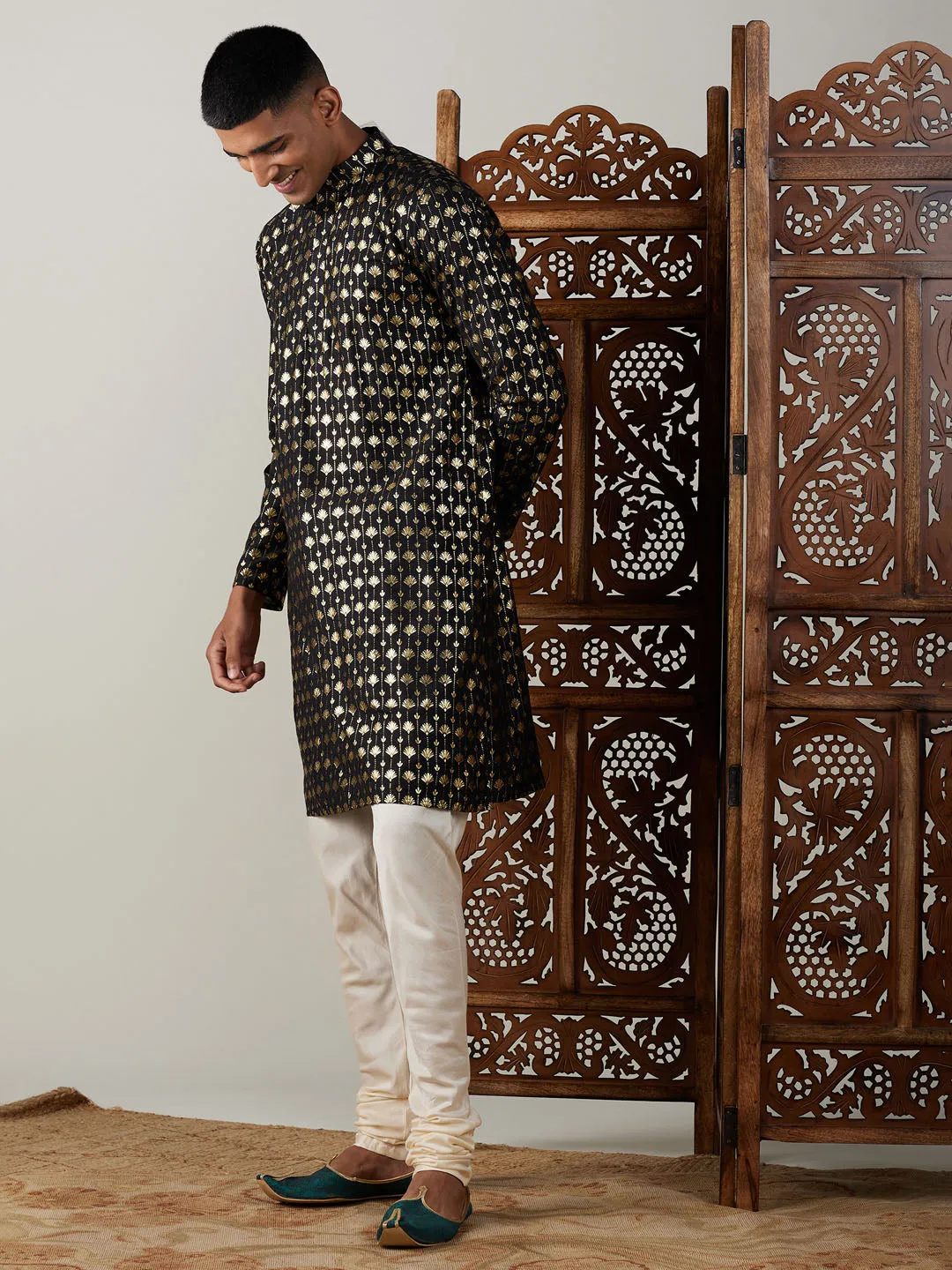 Jashvi Men's Black Foil Printed Kurta With Cream Pyjama Set