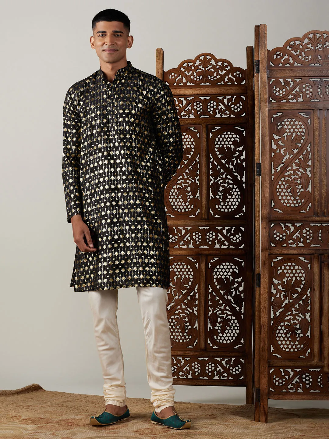 Jashvi Men's Black Foil Printed Kurta With Cream Pyjama Set