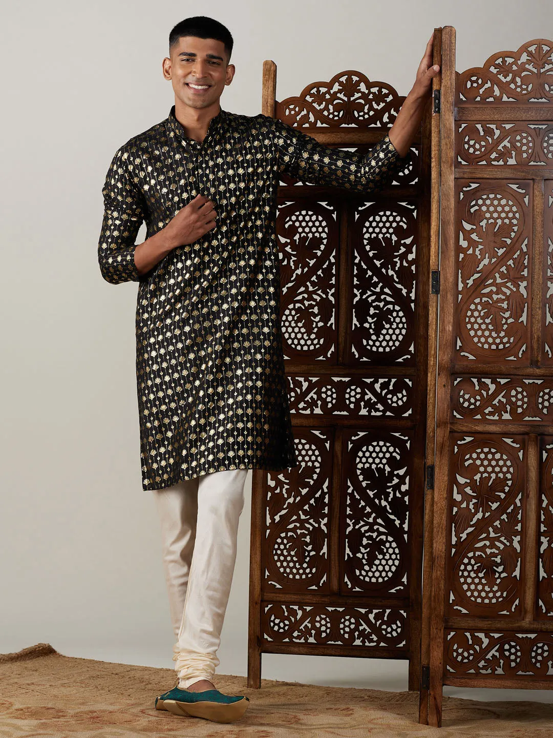 Jashvi Men's Black Foil Printed Kurta With Cream Pyjama Set