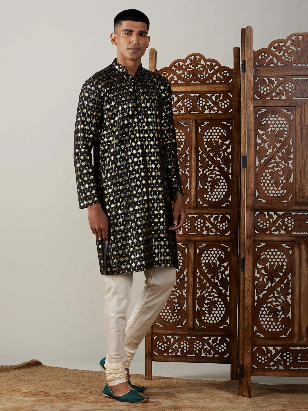 Jashvi Men's Black Foil Printed Kurta With Cream Pyjama Set