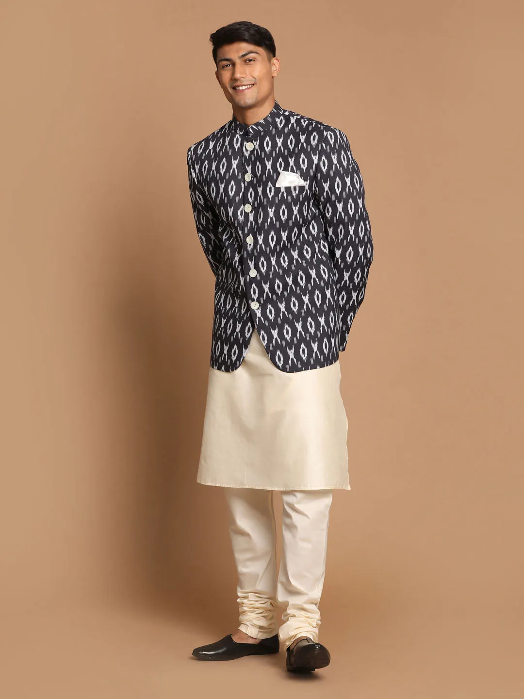 Jashvi Men's Black Ikkat Print Jodhpuri And Kurta Pyjama Set