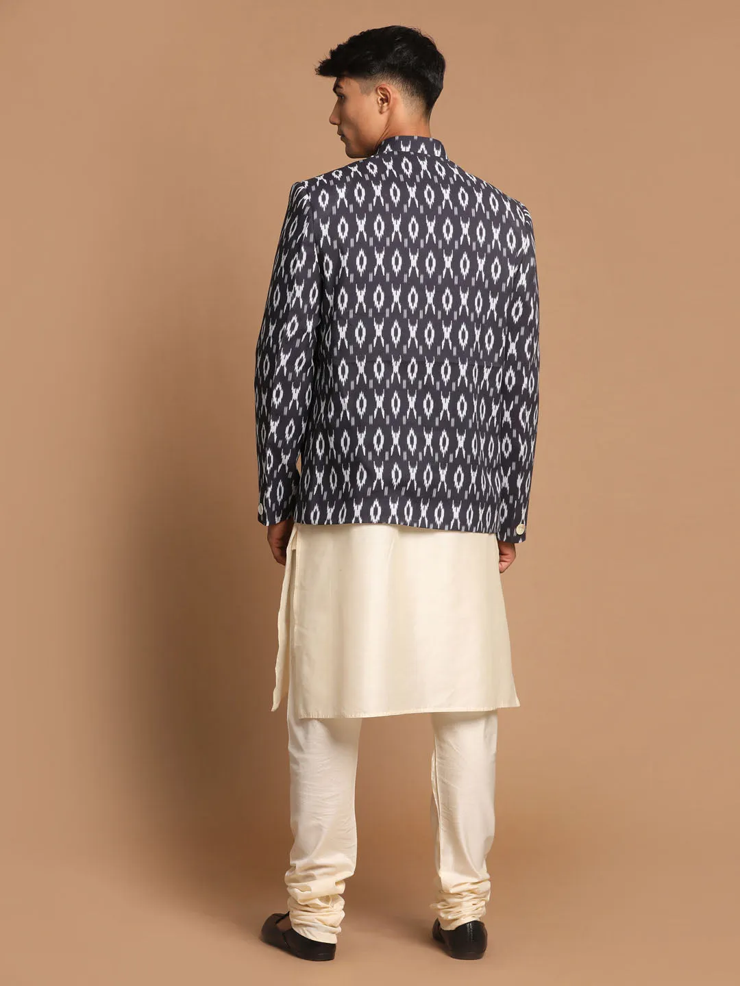 Jashvi Men's Black Ikkat Print Jodhpuri And Kurta Pyjama Set