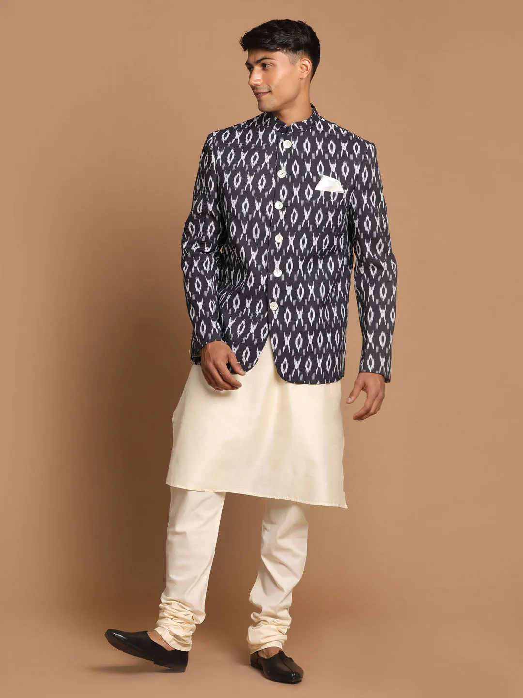 Jashvi Men's Black Ikkat Print Jodhpuri And Kurta Pyjama Set