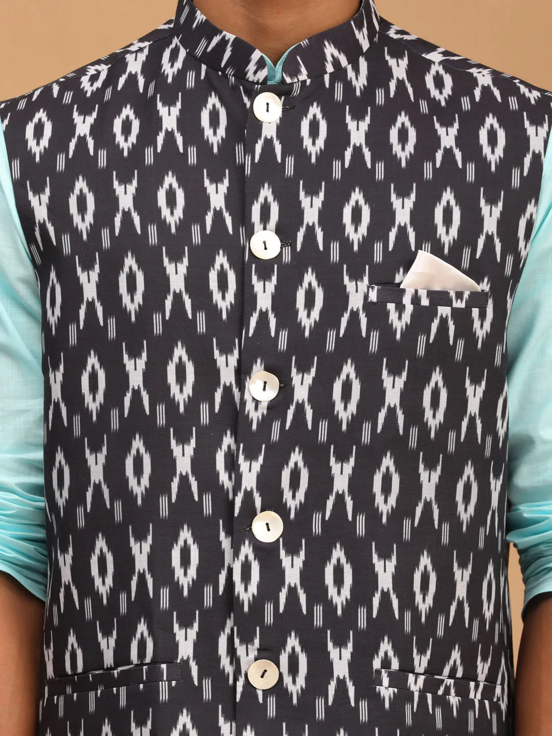 Jashvi Men's Black Ikkat Printed Cotton Nehru Jacket With Aqua Blue Kurta And White Pyjama Set