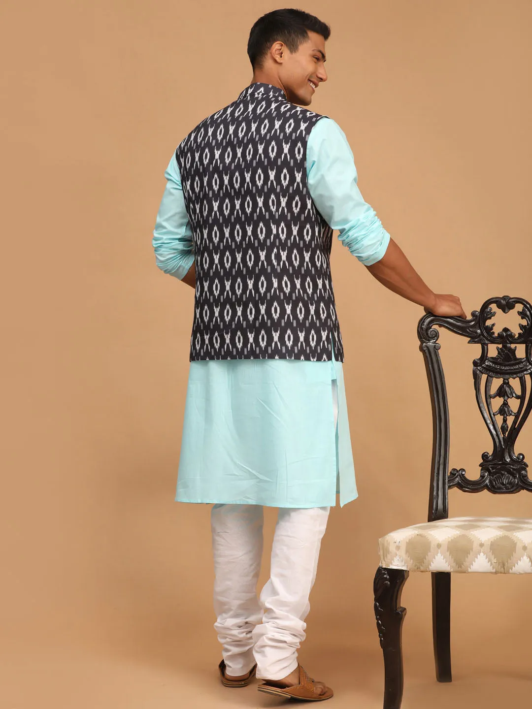 Jashvi Men's Black Ikkat Printed Cotton Nehru Jacket With Aqua Blue Kurta And White Pyjama Set