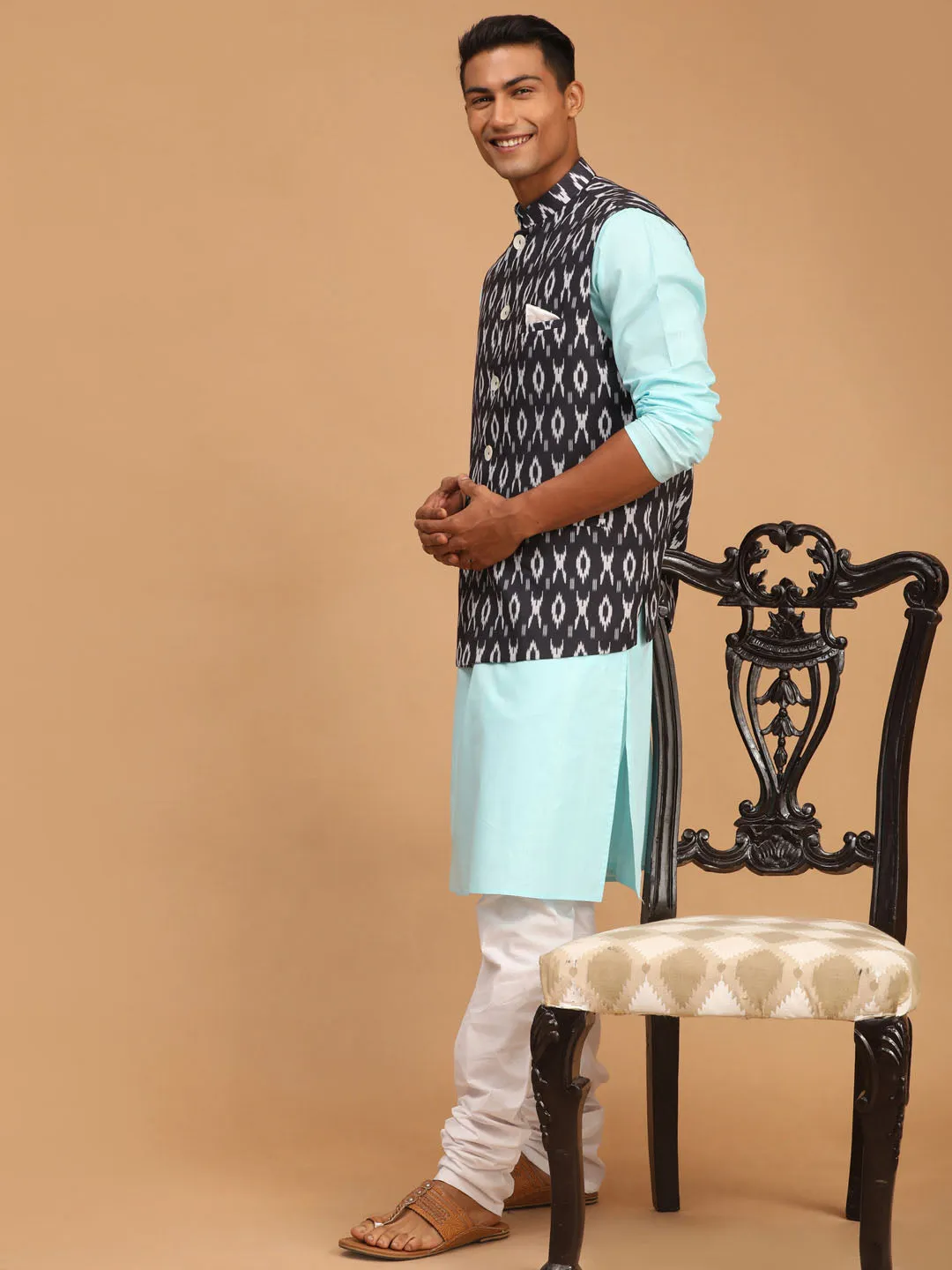 Jashvi Men's Black Ikkat Printed Cotton Nehru Jacket With Aqua Blue Kurta And White Pyjama Set