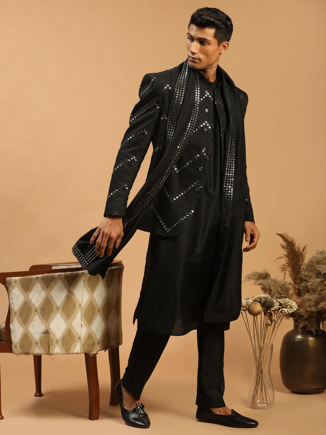 Jashvi Men's Black Mirror Jodhpuri With Kurta Pant And Dupatta Set