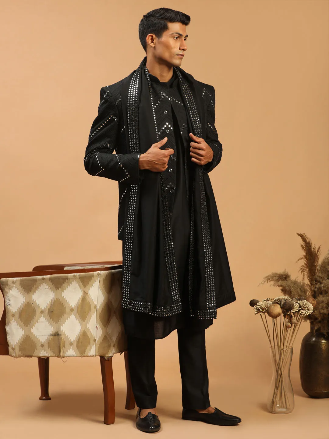 Jashvi Men's Black Mirror Jodhpuri With Kurta Pant And Dupatta Set