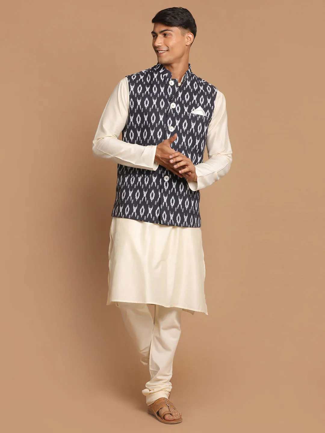 Jashvi Men's Black  Nehru Jacket  With Cream Kurta And Pyjama Set