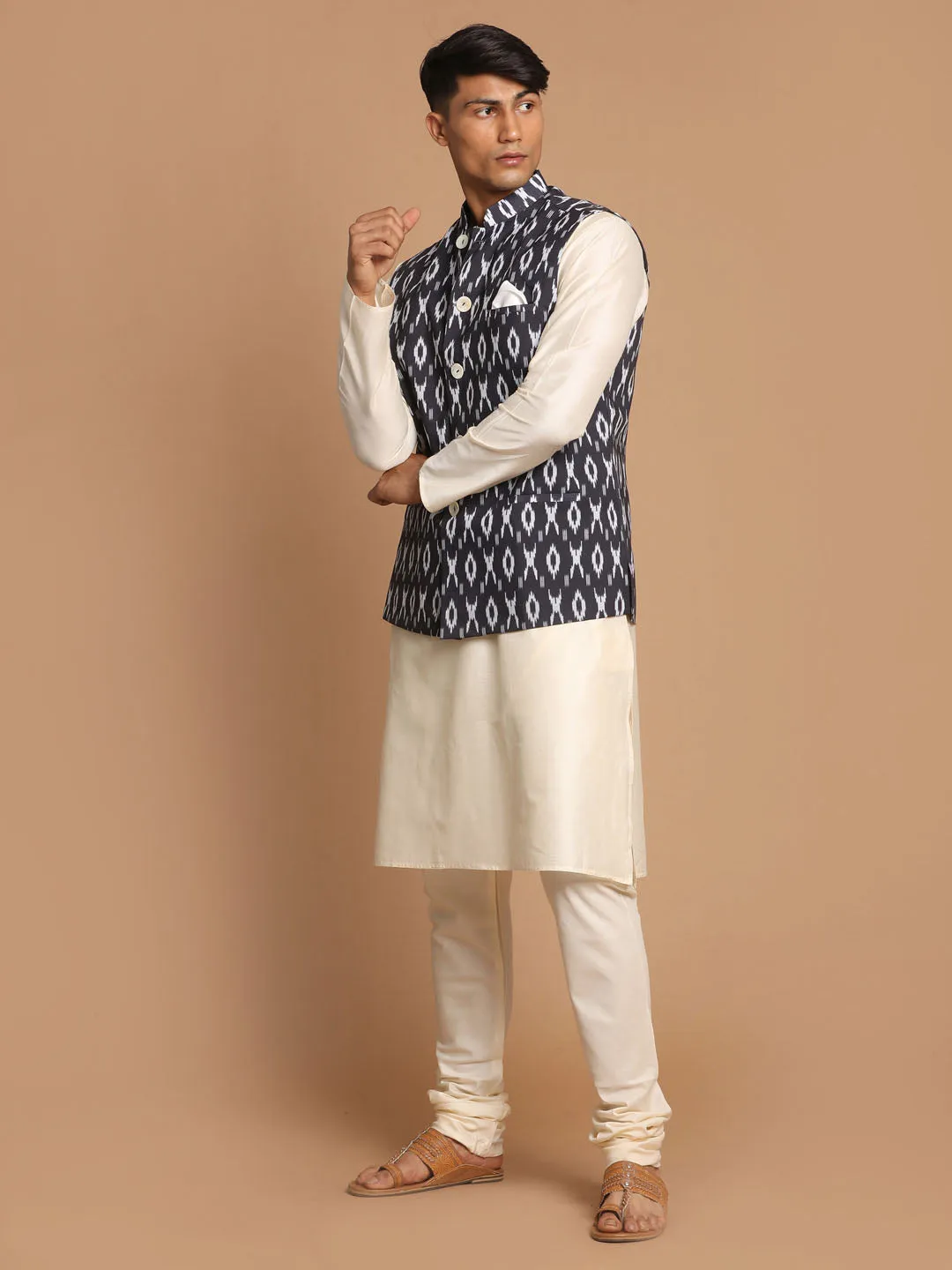 Jashvi Men's Black  Nehru Jacket  With Cream Kurta And Pyjama Set