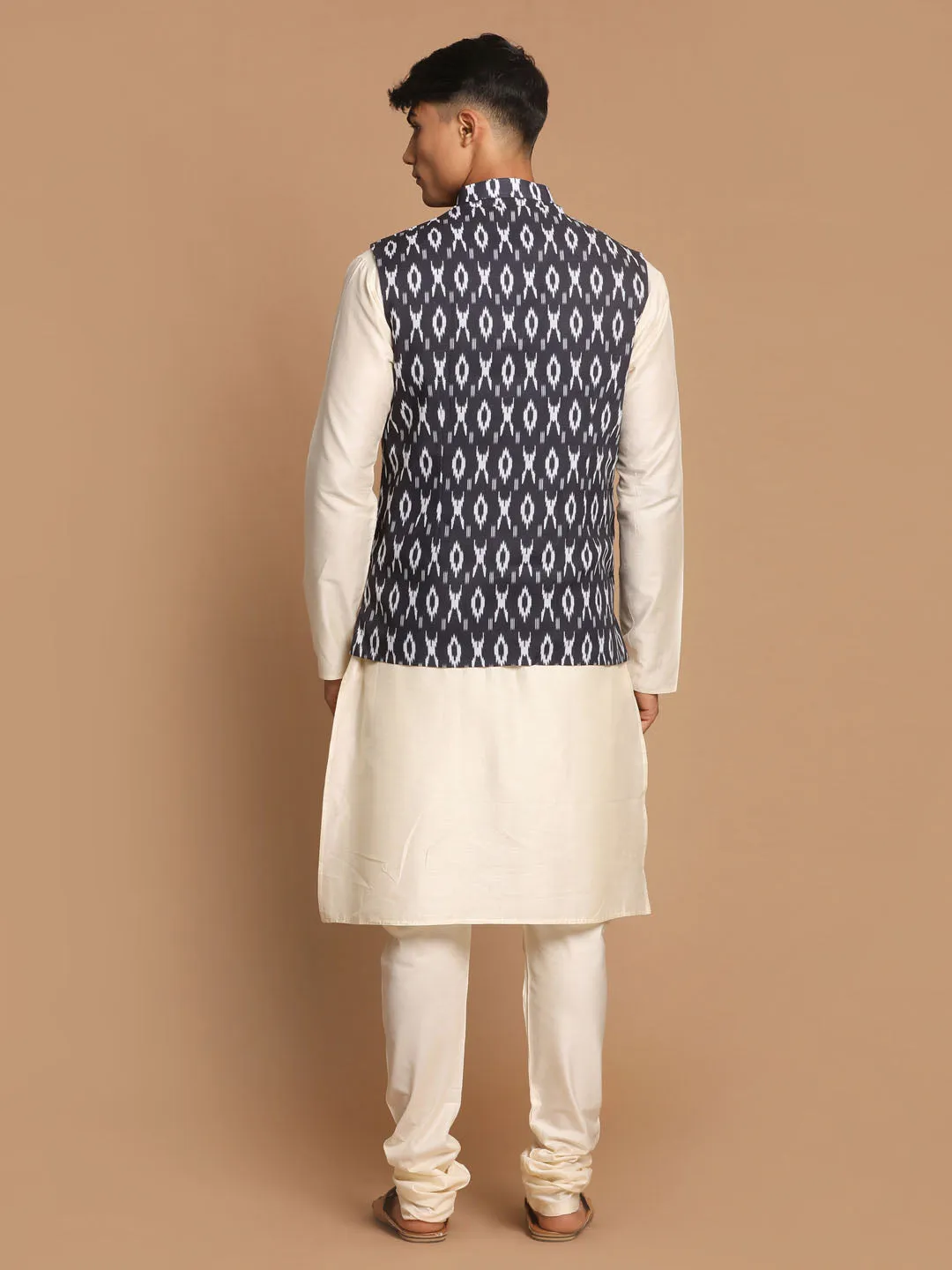 Jashvi Men's Black  Nehru Jacket  With Cream Kurta And Pyjama Set