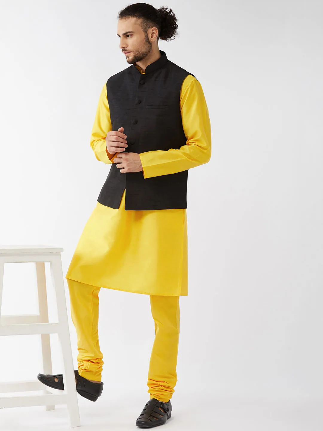 Jashvi Men's Black Silk Blend Ethnic Jacket, Yellow Kurta and Pyjama Set