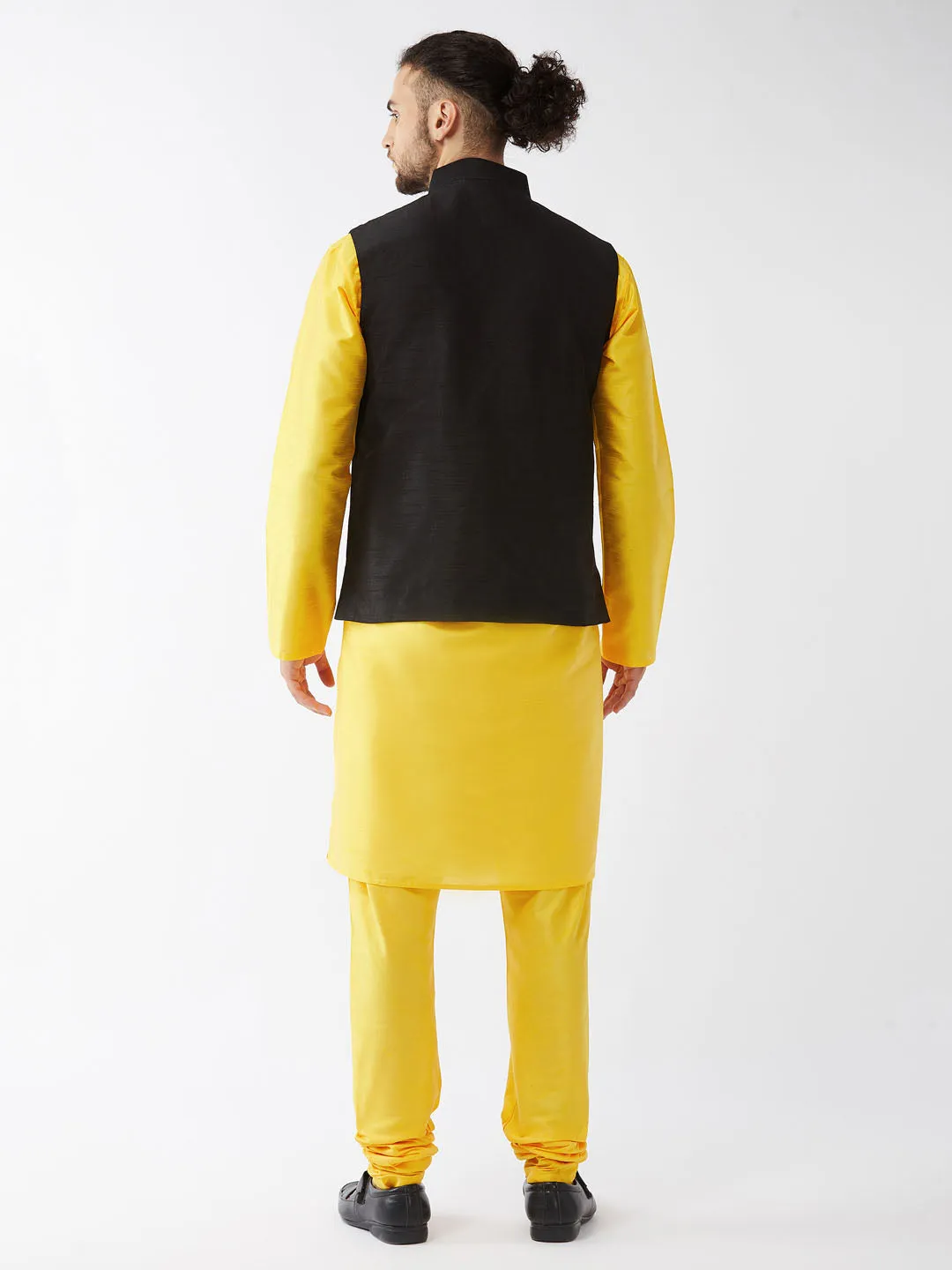 Jashvi Men's Black Silk Blend Ethnic Jacket, Yellow Kurta and Pyjama Set