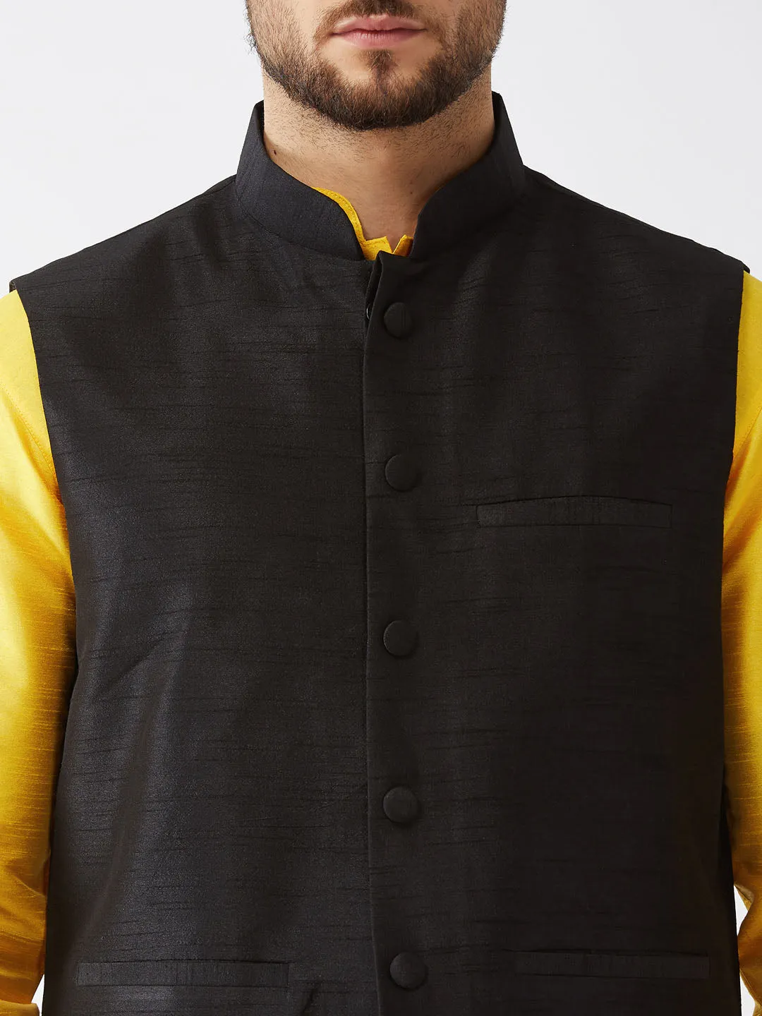 Jashvi Men's Black Silk Blend Ethnic Jacket, Yellow Kurta and Pyjama Set