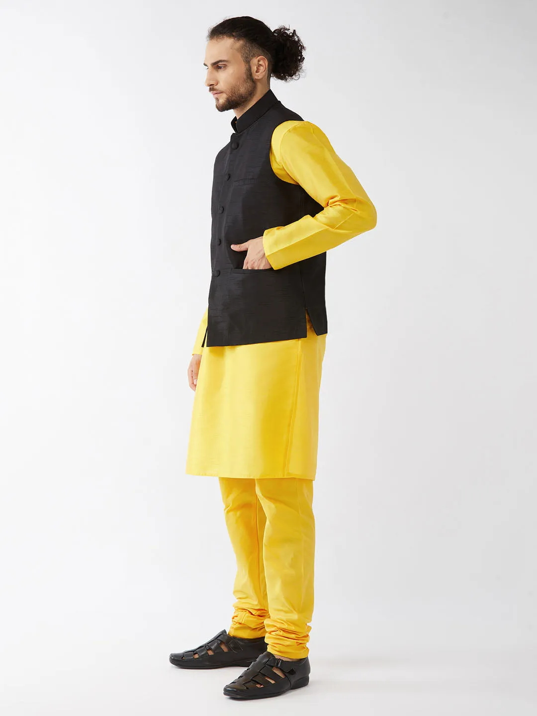 Jashvi Men's Black Silk Blend Ethnic Jacket, Yellow Kurta and Pyjama Set