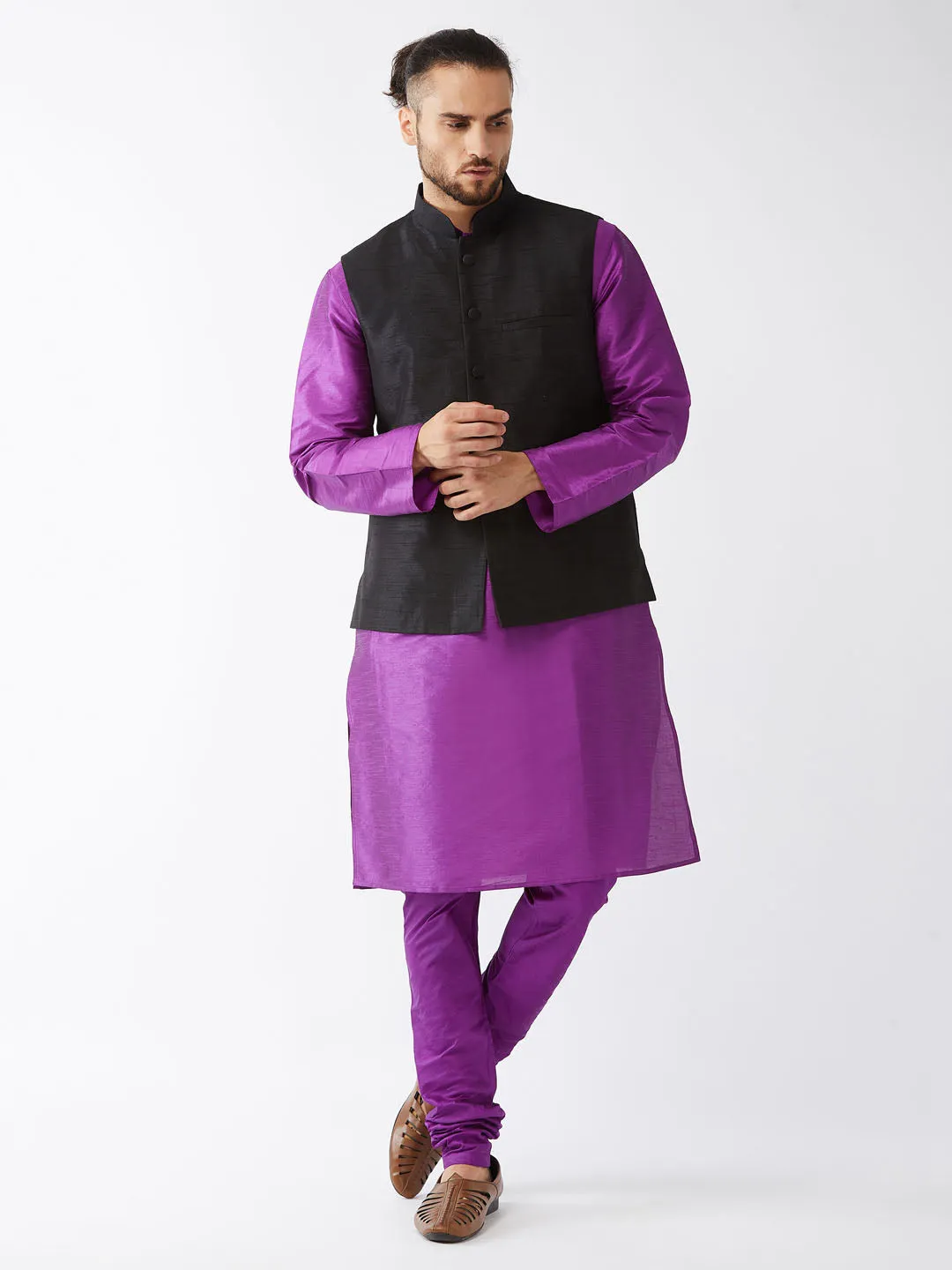 Jashvi Men's Black Silk Blend Jacket, Purple Kurta and Pyjama Set