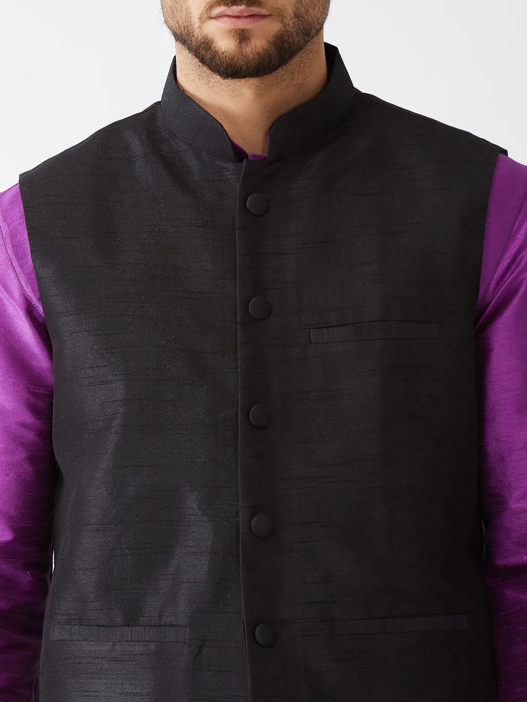 Jashvi Men's Black Silk Blend Jacket, Purple Kurta and Pyjama Set