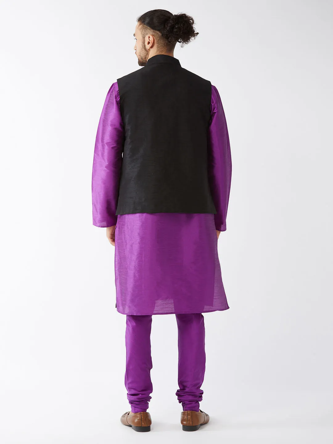 Jashvi Men's Black Silk Blend Jacket, Purple Kurta and Pyjama Set