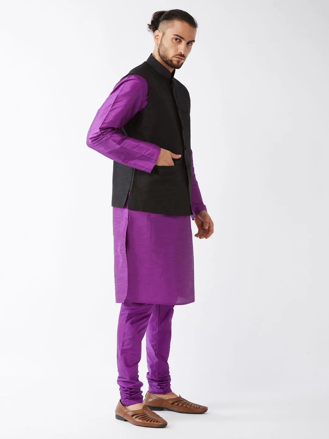 Jashvi Men's Black Silk Blend Jacket, Purple Kurta and Pyjama Set