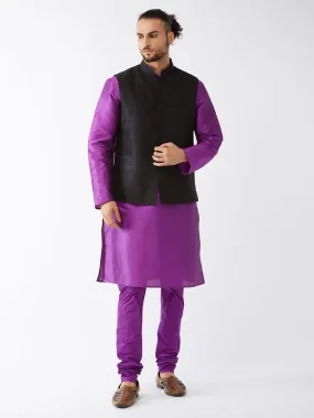 Jashvi Men's Black Silk Blend Jacket, Purple Kurta and Pyjama Set