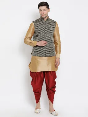 Jashvi Men's Black Silk Blend Jacket With Curved Kurta Dhoti Set