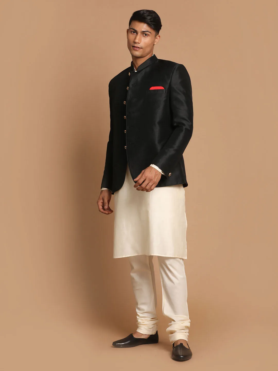 Jashvi  Men's Black Silk Blend Jodhpuri With Cream Viscose Rayon Kurta Pyjama Set