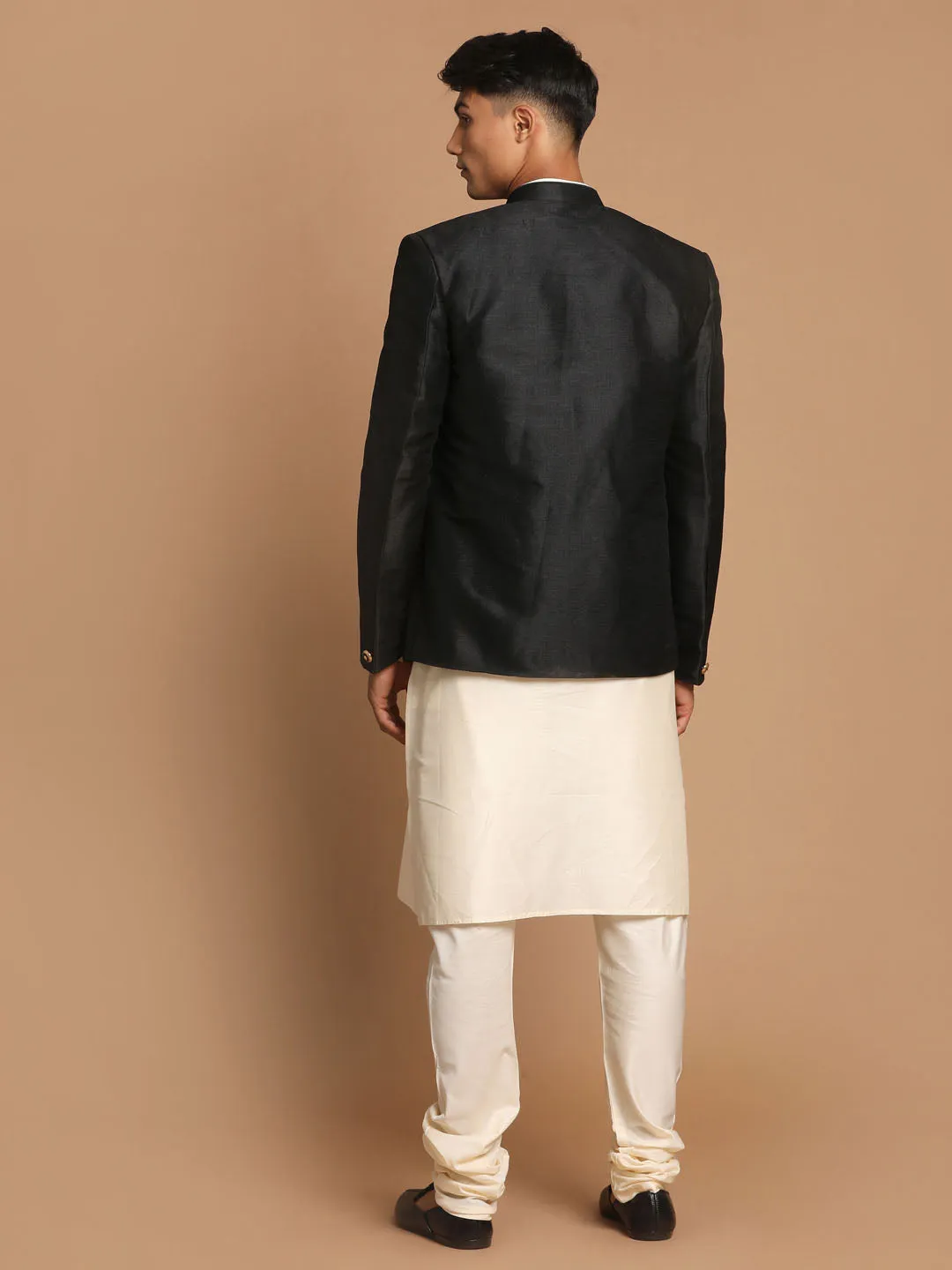 Jashvi  Men's Black Silk Blend Jodhpuri With Cream Viscose Rayon Kurta Pyjama Set