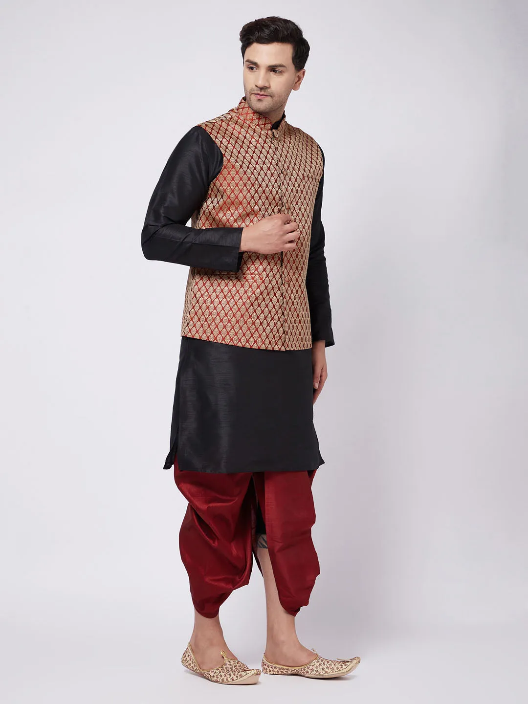 Jashvi Men's Black Silk Blend Kurta And Dhoti With Maroon Woven Nehru Jacket